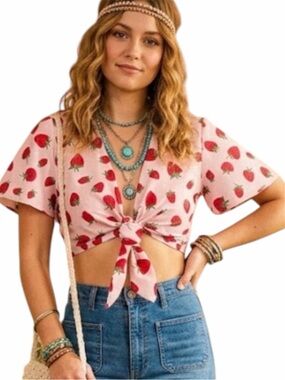 Handmade RagVival Pink Strawberry Tie-Front Crop Top